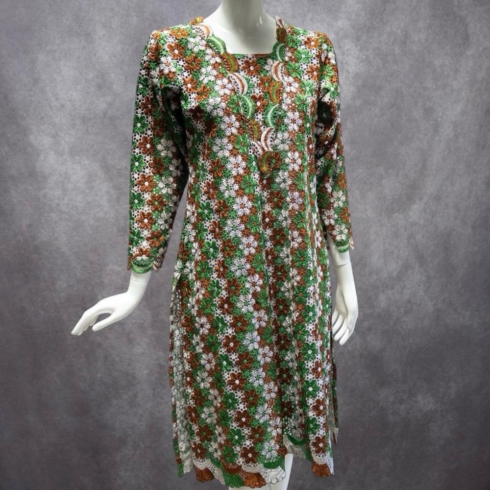 Vintage 70s Handcrafted Floral Guipure Lace‎ African Tunic Kaftan Dress, Size L